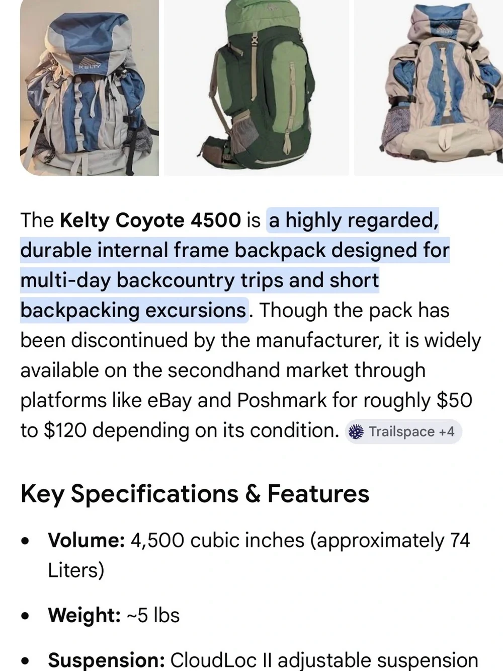 Kelty Women's Blue and Gray Coyote 4500 70-75L hiking backpack